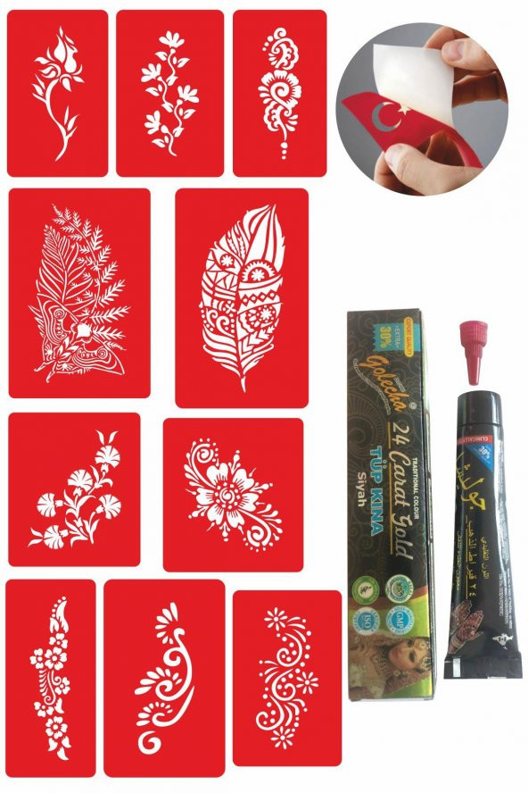 Çiçekli Modeller Kınayla Geçici Dövme Kampanya Seti 1 Tüp Siyah Kına 10 desen