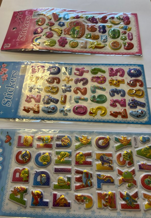 Eğitici Çocuk Sticker Etiket Oyunu 3 Kartela Birden Alfabe Rakam ve Meyveler - 2