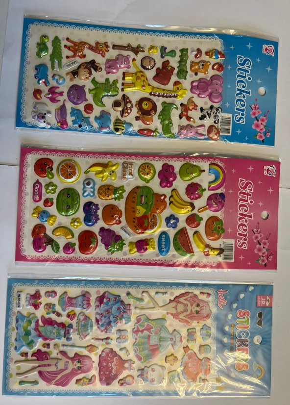 Eğitici Çocuk Sticker Etiket Oyunu 3 Kartela Birden Hayvan Meyve ve Elbise Serisi