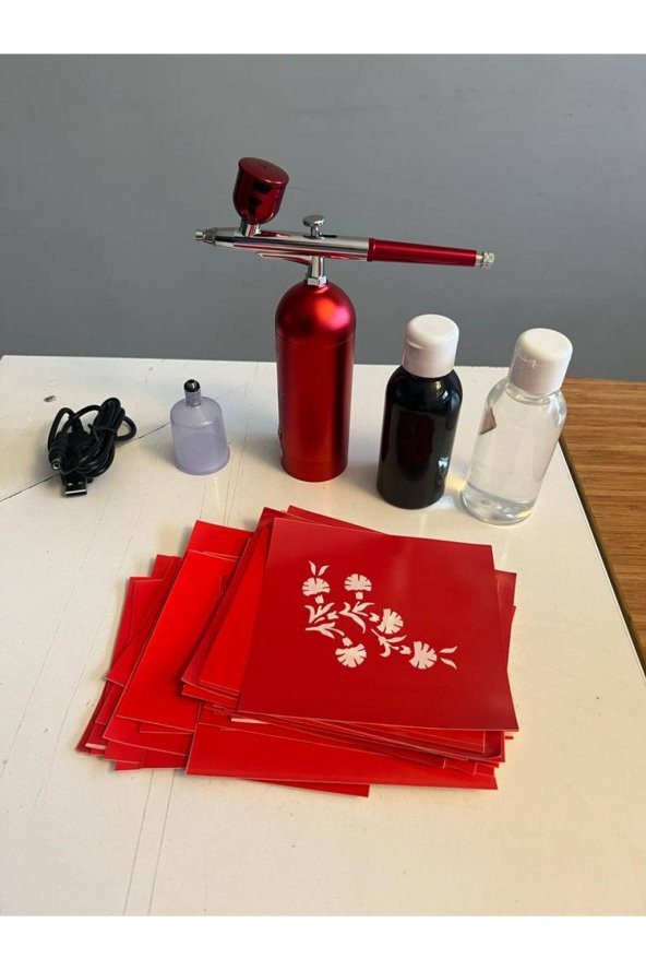 Şarjlı Airbrush Mini Boya Tabancası Geçici Dövme Paketi Boya ve desen hediyeli