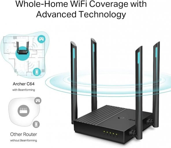 TP-Link Archer C64, AC1200 Mbps Kablosuz MU-MIMO WiFi Router - 6