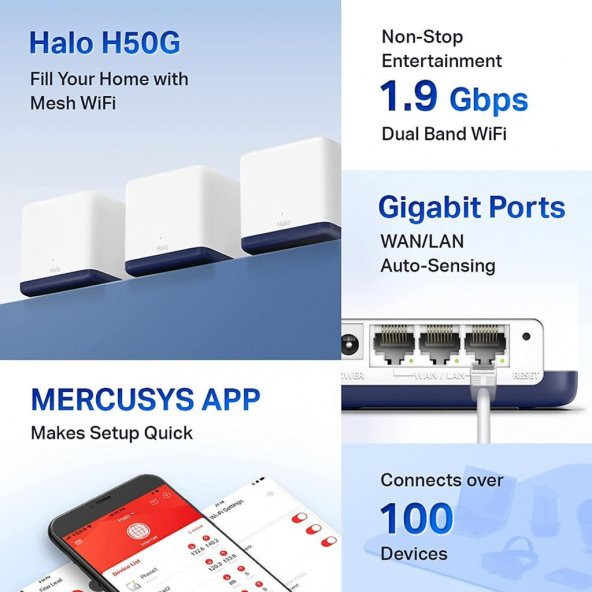 Mercusys Halo H50G(3-Pack), AC1900 Mbps Tüm Ev Mesh Wi-Fi Sistemi - 3