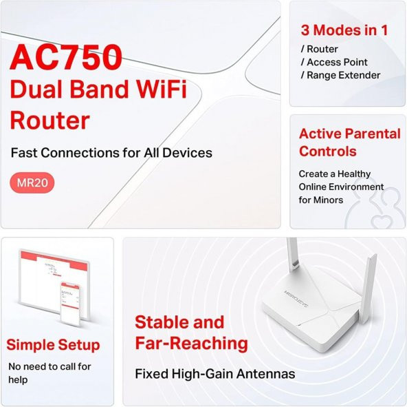 Mercusys Mr20 AC750 Wireless Dual Band Acces Point Router Menzil Genişletici - 4