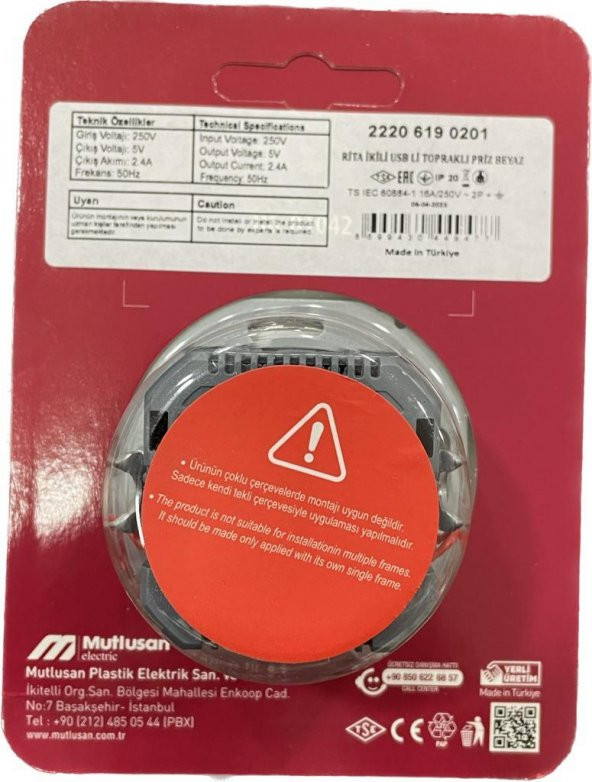 Mutlusan Rita Beyaz Sıva Altı Çerçeveli 2 USB'li Ç.K Topraklı Priz - 2