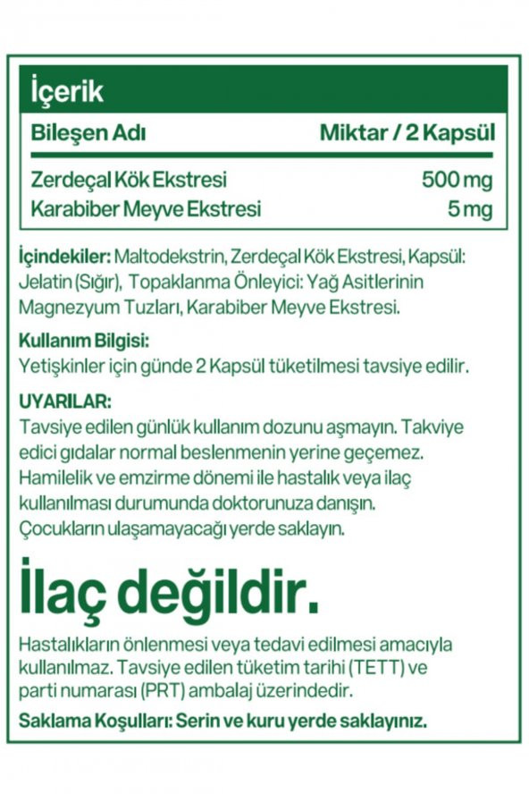 Zerdeçal Ekstartı Curcumin Turmeric 60 Sert Kapsül