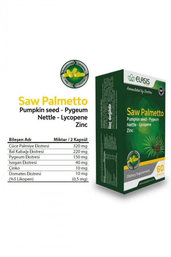 Elasıs Pharma Saw Parmeto Pumpkin Seed - Pygeum Nettle - Lycopene Zinc