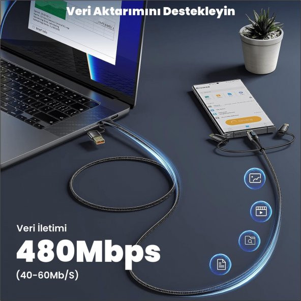 Usams US-SJ616 Type-C+Lightning+MicroUSB,6in1 LCD Göstergeli PD100W Hızlı Şarj ve Data Kablosu-Siyah - 6