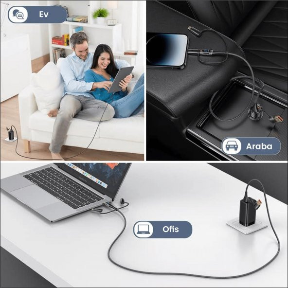 Usams US-SJ616 Type-C+Lightning+MicroUSB,6in1 LCD Göstergeli PD100W Hızlı Şarj ve Data Kablosu-Siyah - 7