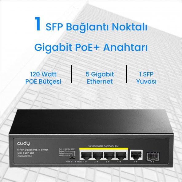 Cudy GS1005PTS1 1 Port Gigabit+ 4 Port Gigabit 120W PoE+1 Port SFP Gigabit Metal Switch - 3