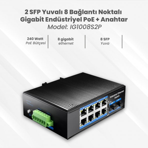 Cudy IG1008S2P 8 Port Gigabit 240W PoE+,2SFP, 2km Çoklu,80km Tekli Mod IP40 Metal Endüstriyel Switch - 4