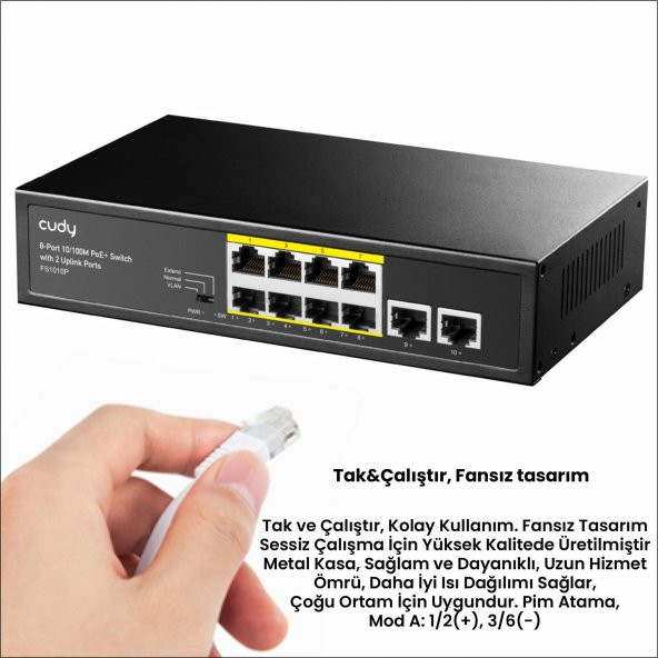 Cudy FS1010P 8 Port 10/100Mbps 120W PoE+, 2 Uplink Portlu VLAN CCTV Rack Mount Metal Switch - 3