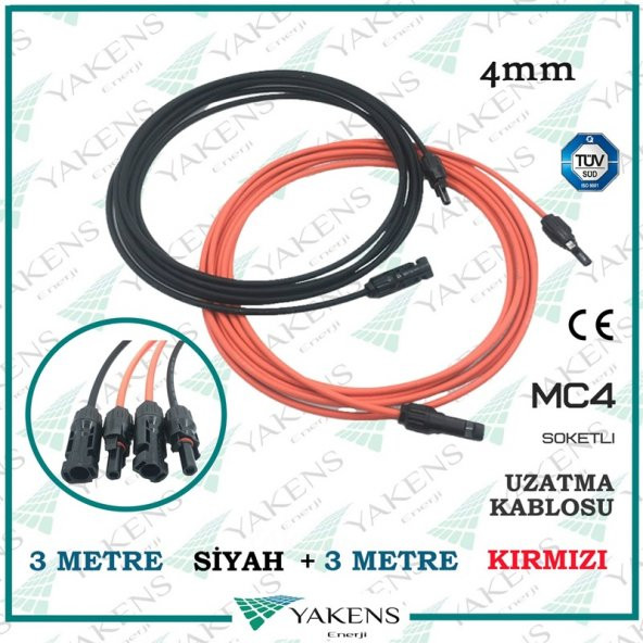 Güneş Paneli Uzatma Kablosu (3m+3m) 4mm Çift Taraflı Mc4 Soketli Solar Ara Kablo Siyah Kırmızı