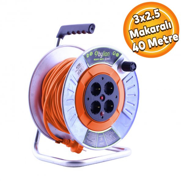 Bylion IP20 Metal Makaralı Seyyar 4 Prizli Uzatma Kablosu 3x2.5 mm TTR Kablo 40 Metre Termal Sigorta