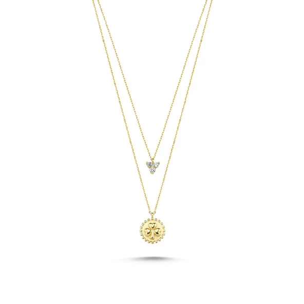 Altın Cemre Kolye 14K Papatyalı Taşlı Çift Zincirli