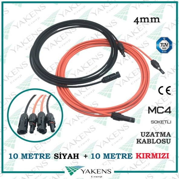 Güneş Paneli Uzatma Kablosu (10m+10m) 4mm Çift Taraflı Mc4 Soketli Solar Ara Kablo Siyah Kırmızı