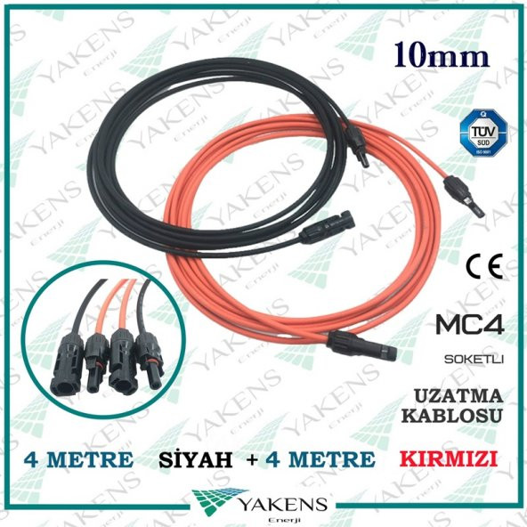 Güneş Paneli Uzatma Kablosu (4m+4m) 10mm Çift Taraflı Mc4 Soketli Solar Ara Kablo Siyah Kırmızı