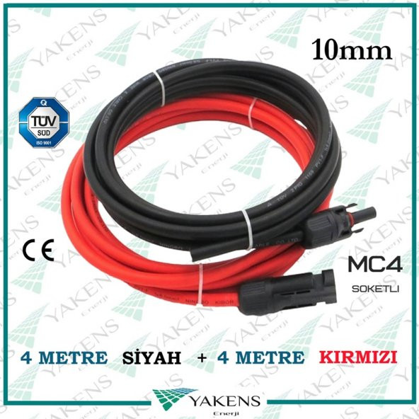 Mc4 Soketli (4m+4m) 8 Metre 10mm Güneş Paneli Hazır Solar Kablo Siyah Kırmızı ürün görseli