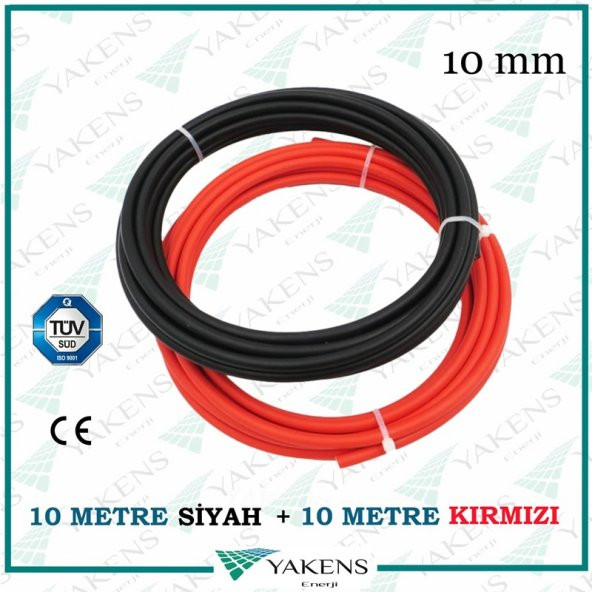Solar Kablo (10m+10m) 10mm Güneş Paneli Kablo Seti Siyah Kırmızı