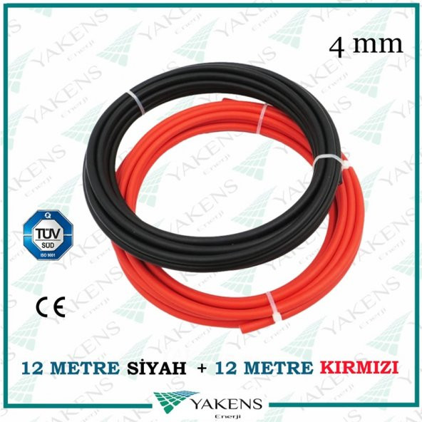 Solar Kablo (12m+12m) 4mm Güneş Paneli Kablo Seti Siyah Kırmızı
