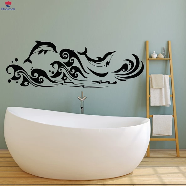 Banyo Dekoratif Duvar Sticker Yunuslar Deniz Dalgaları Banyo Çıkartmaları İçin Deniz Tarzı