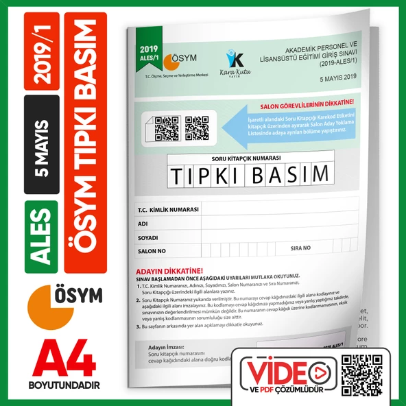 ALES 2019/1 Mayıs ÖSYM Tıpkı Basım Çıkmış Soru Deneme Kitapçığı Video/PDF Çözümlü Türkiye Geneli