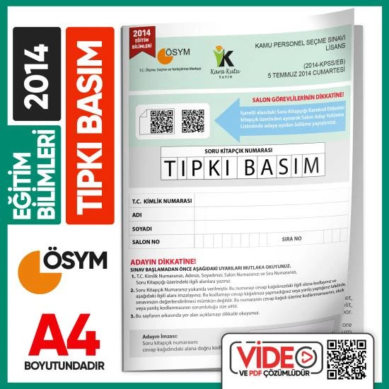 2014 KPSS Eğitim Bilimleri ÖSYM Tıpkı Basım Çıkmış Soru Kitapçığı Video/PDF Çözümlü Türkiye Geneli