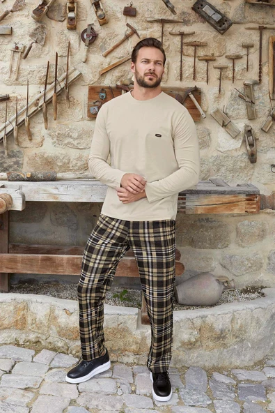 Aydoğan Erkek Berk Jakarlı Kışlık Taş Beji Pijama Takımı J-3378 - 2