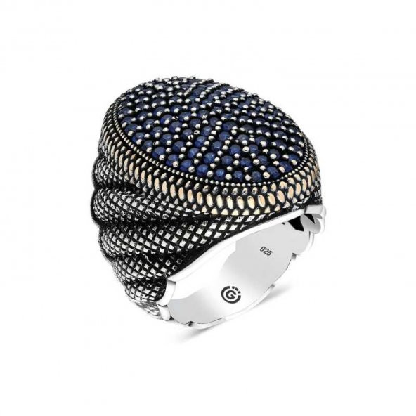 925 Ayar Gümüş  Lacivert Zirkon Taşlı Oval Erkek Yüzük ürün görseli 1