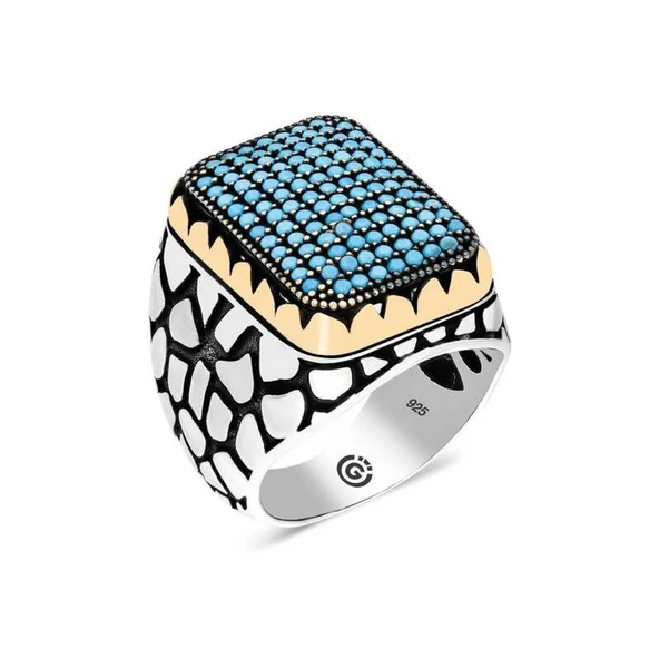 Lucky Life 925 Ayar Gumuss Turkuaz Zirkon Taşlı Kare Erkek Yüzük