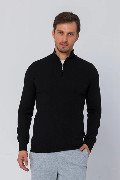 Erkek Balıkçı Yarım Fermuarlı Dik Yaka Standart Fit Triko Kazak - 2