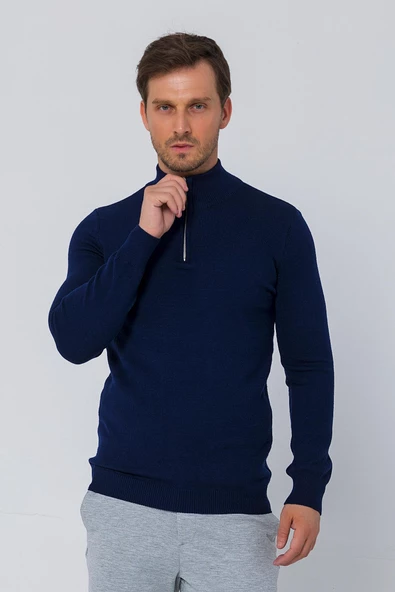 Erkek Balıkçı Yarım Fermuarlı Dik Yaka Standart Fit Triko Kazak - 7