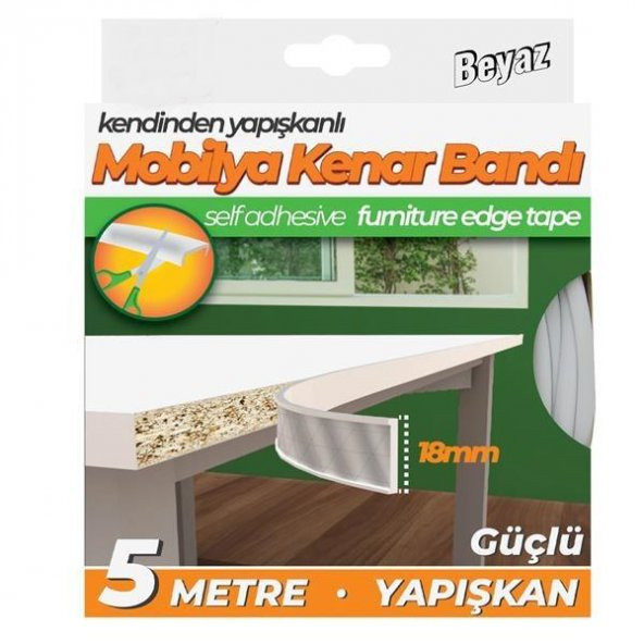 Kendinden Yapışkanlı Masa,Raf,Dolap,Komodin,Mobilya Kenar Bandı 18mmX5 Metre-Beyaz