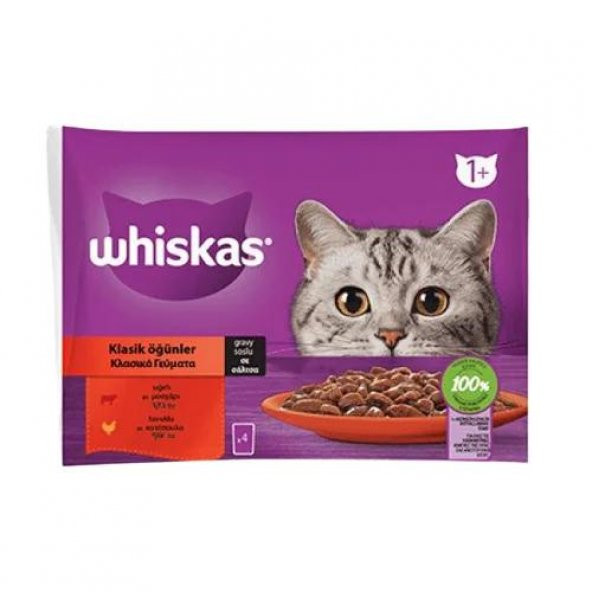 Whiskas Klasik Öğünler Sos İçinde Sığırlı ve Tavuklu Poşet Yaş Mama 340 g (4x85 Gr)