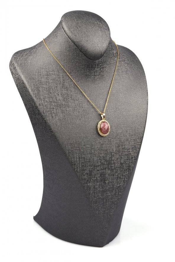 Çilek Kuvars Doğal Taş Gold Renkli Kolye - Resim 2