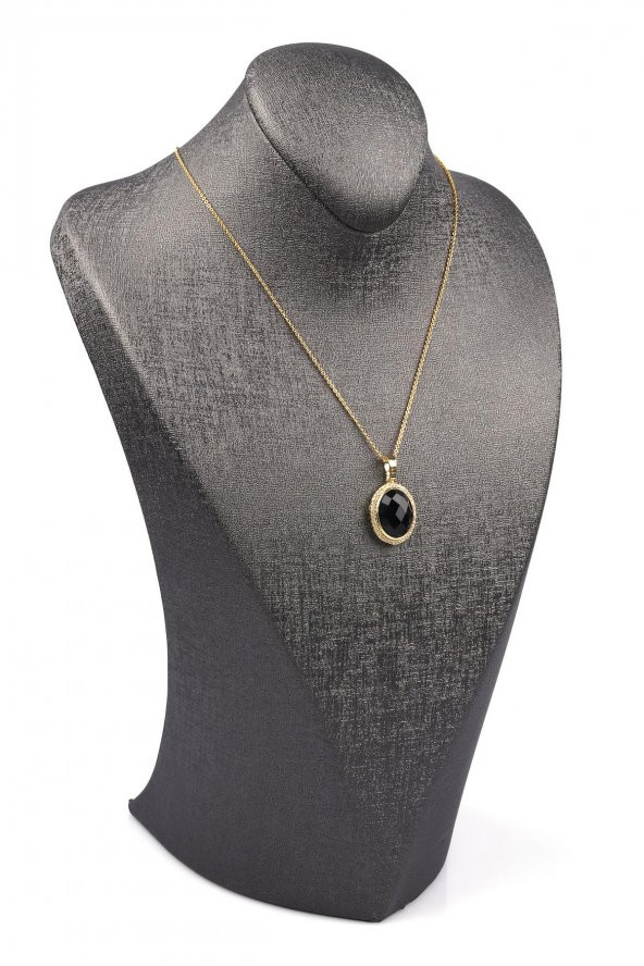 Siyah Jasper Doğal Taş Gold Renkli Kolye - Resim 2