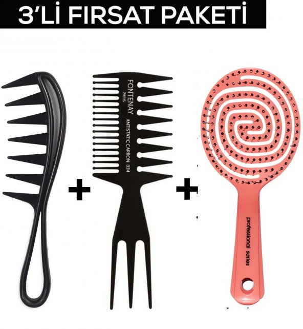 Fontenay Profesyonel 3 Boyutlu Açma Tarama Tarak Saç Fırçası + Antistatik Tarak 043 ve 034 2Li Set ürün görseli
