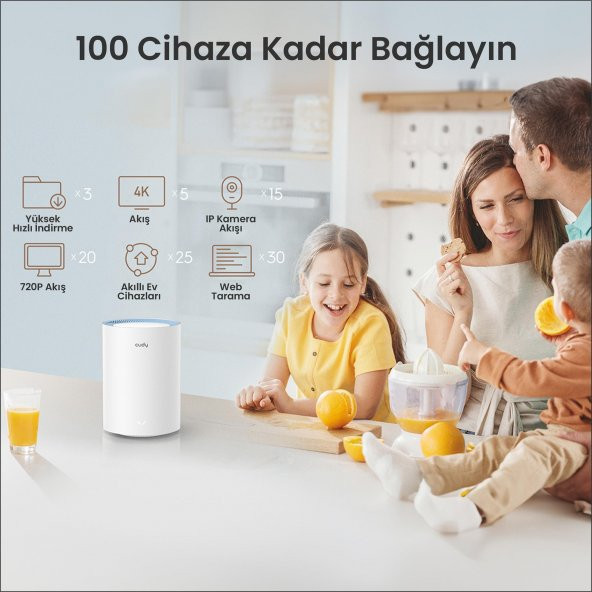 Cudy M1200 5GHz 867Mbps, 2.4GHz 300Mbps, 2 Port, 2X5dBi anten, Wi-Fi Mesh Menzil Genişletici Router - 5