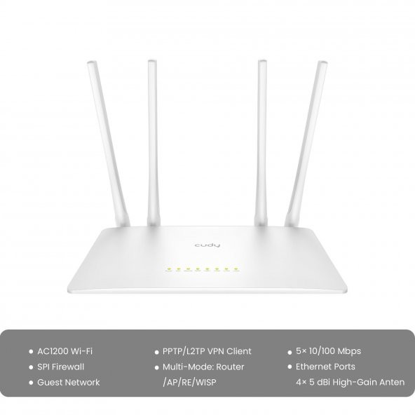 Cudy WR1200 Dual 2.4/5Ghz 4x5dBi Anten 1200Mbps 5 Port Wi-Fi Router(AC1200 Serisi) - 3