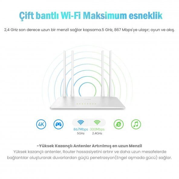 Cudy WR1200 Dual 2.4/5Ghz 4x5dBi Anten 1200Mbps 5 Port Wi-Fi Router(AC1200 Serisi) - 4