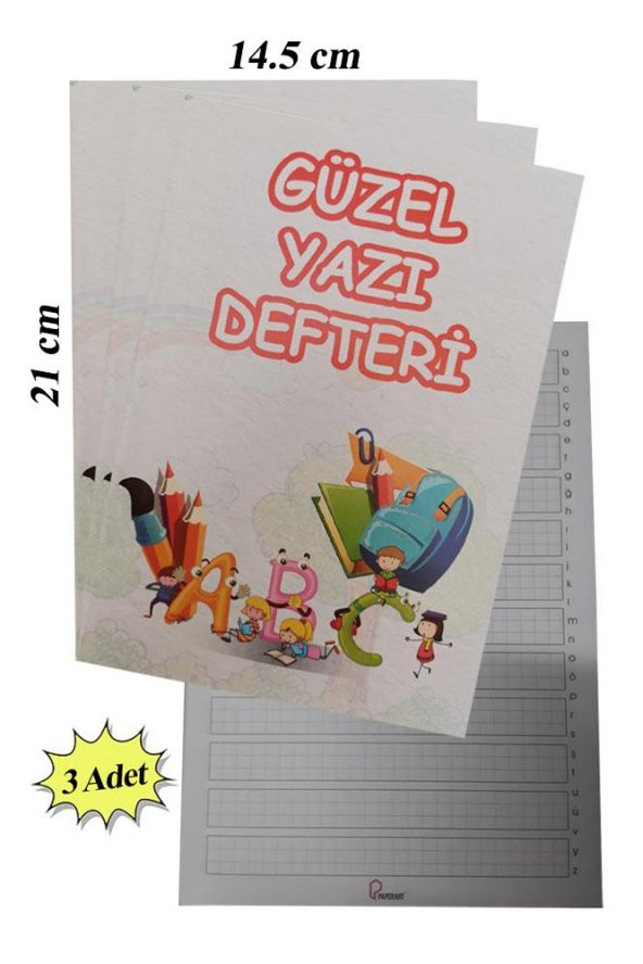 Güzel Yazı Defteri Küçük Boy 14,5x21 cm 24 Yaprak 3 Adet Klavuzlu Standart Çizgili Yazı Defteri Dik Temel Harflerle 1. Sınıf