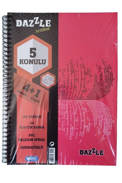 4+1 Ayraçlı Defter 5 Konulu 150 Yaprak 1 Adet 4 Kareli 1 Çizgili Spralli Plastik Kapak Seperatörlü - 2