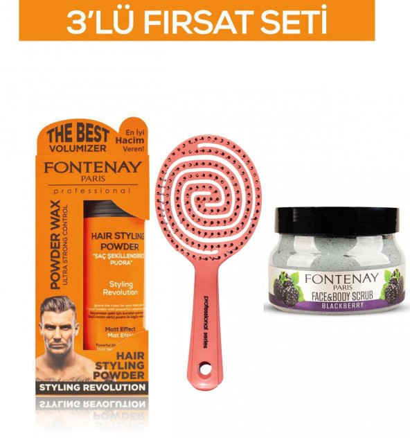 Fontenay Pudra Toz Wax Turuncu 20gr+ 3 Boyutlu Saç Fırçası+FaceAndBody Scrub Böğürtlen 350ml 3LüSet