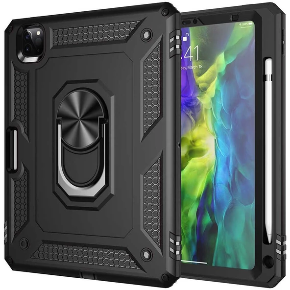 Smcase Apple iPad Pro 12.9 2020 4.Nesil Kılıf Tank Yatay Standlı Yüzüklü vg3