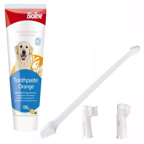 Bioline Dental Care Portakal Aromalı Köpek Diş Macunu ve Diş Bakım Seti 100 Gr