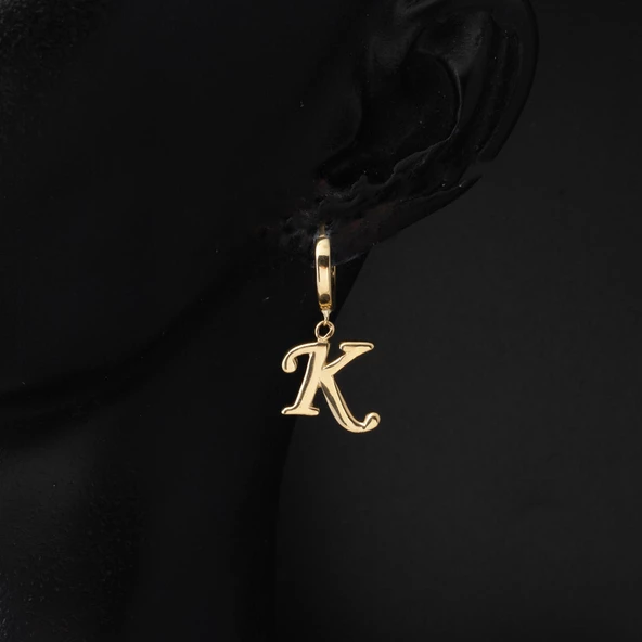 K Harfi Halka Altın Küpe 14 Ayar - Resim 2