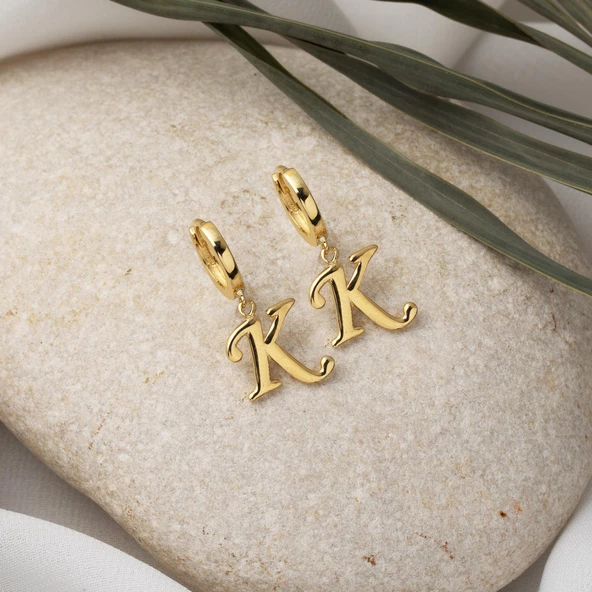 K Harfi Halka Altın Küpe 14 Ayar - Resim 3