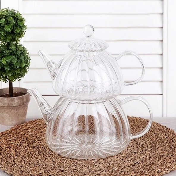 Ateşe Dayanıklı Borosilikat Cam Çaydanlık Takım-2li Set - 4