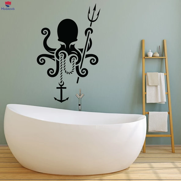 Banyo Dekoratif Duvar Sticker Ahtapot Çapa Deniz Tarzı Denizcilik Trident Banyo Dekor Çıkartmaları