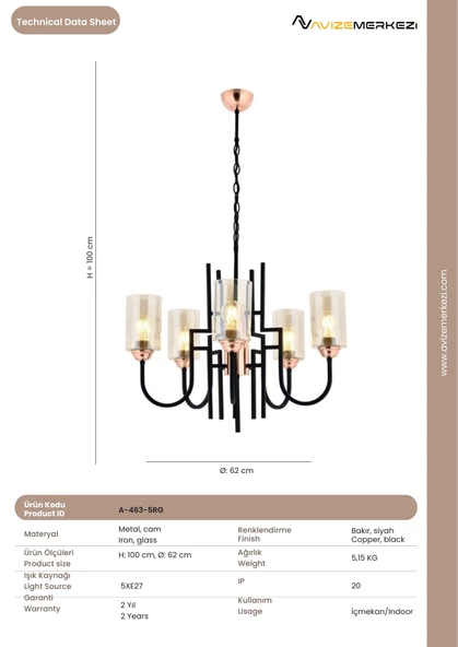 BEŞLİ ROSE GOLD AVİZE A-463-5RG - 3