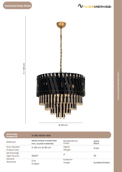 Siyah Boyalı Klasik Avize A-186-60CM - 3